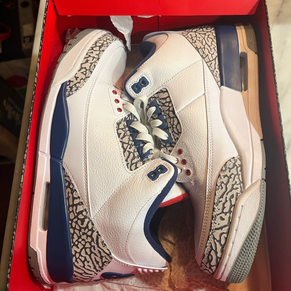 Jordan 3 Retro OG in White, Fire Red, and True Blue